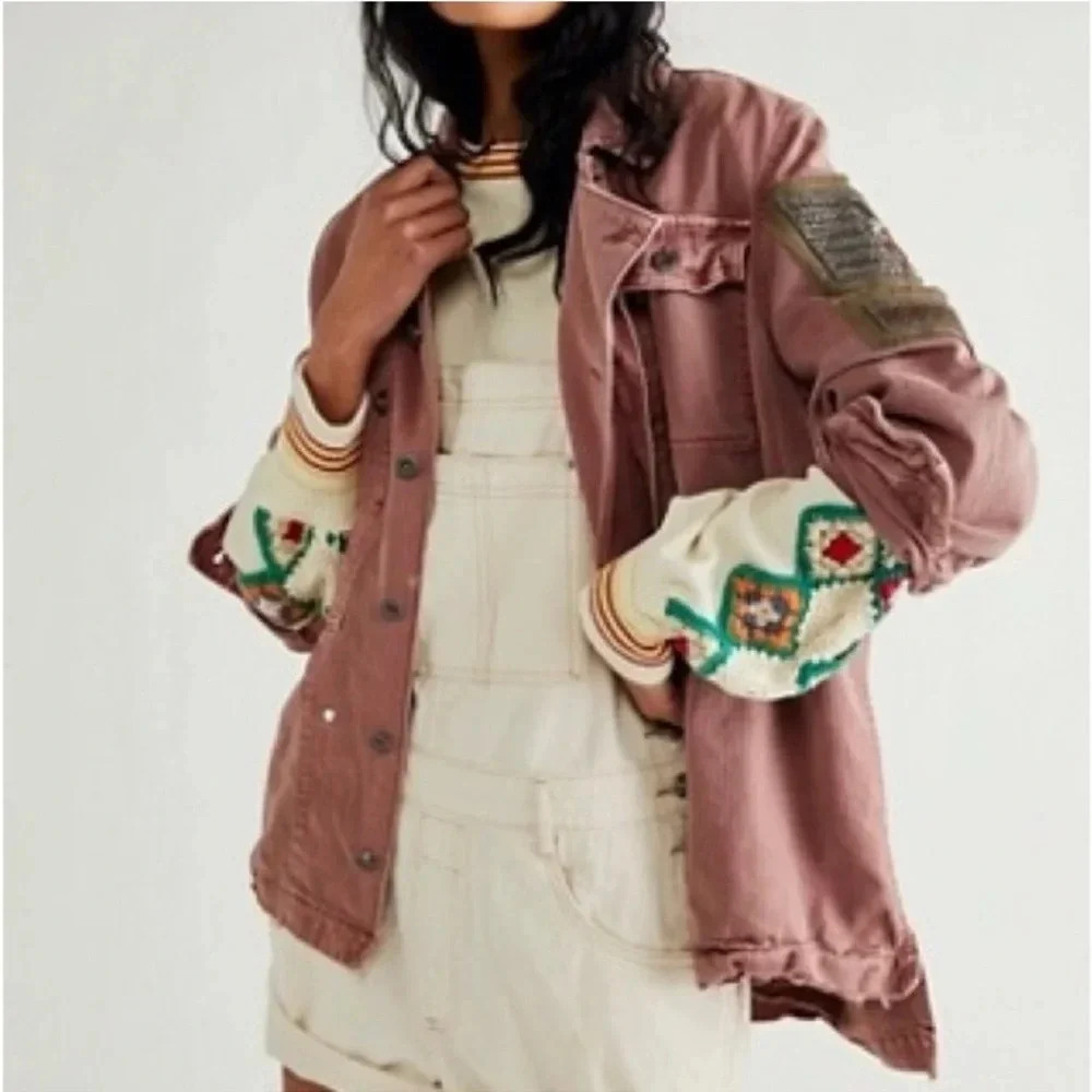 Free People Embellished Military Rose Shirt Jacket